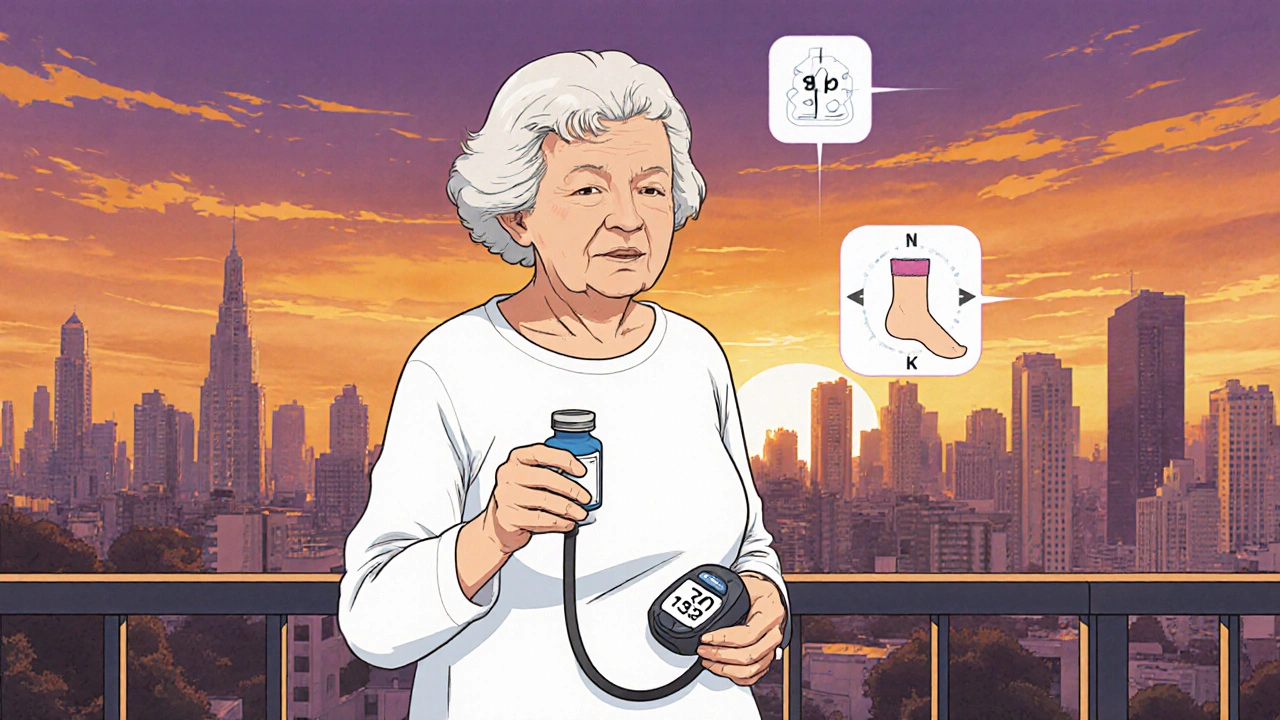 78‑year‑old woman holds medication bottle and BP monitor on a sunset balcony, showing stable readings.