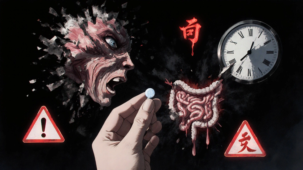 A hand holding a pill surrounded by surreal imagery of neurological side effects and warning symbols.