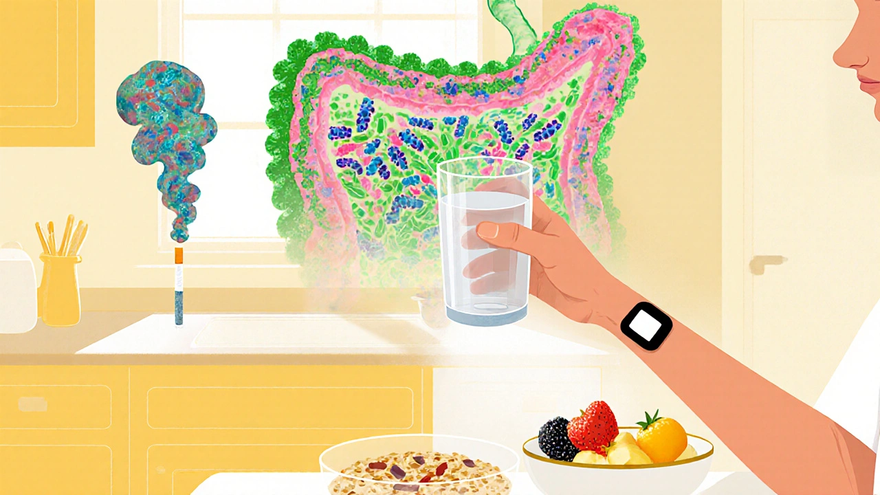 A healthy lifestyle scene showing hydration, fiber foods, and a nicotine patch with a bright gut microbiome.