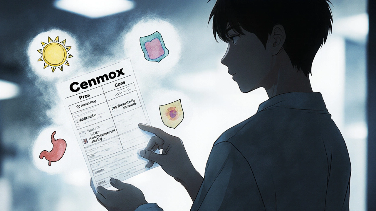 A patient holding a prescription as floating icons show side effects and safety traits of different antibiotics.
