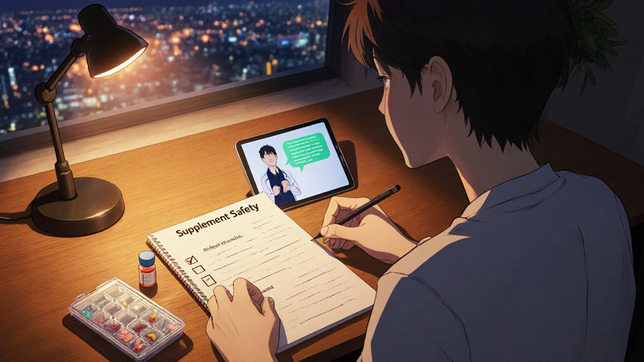 Anime image of a person reviewing a supplement checklist with a doctor hologram.