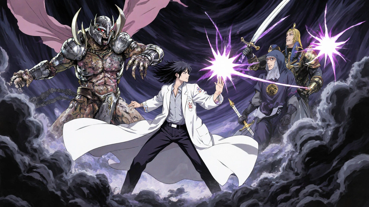 Antibiotic warriors fighting a mutated bacterium in a stylized anime battle with glowing energy and dramatic lighting.