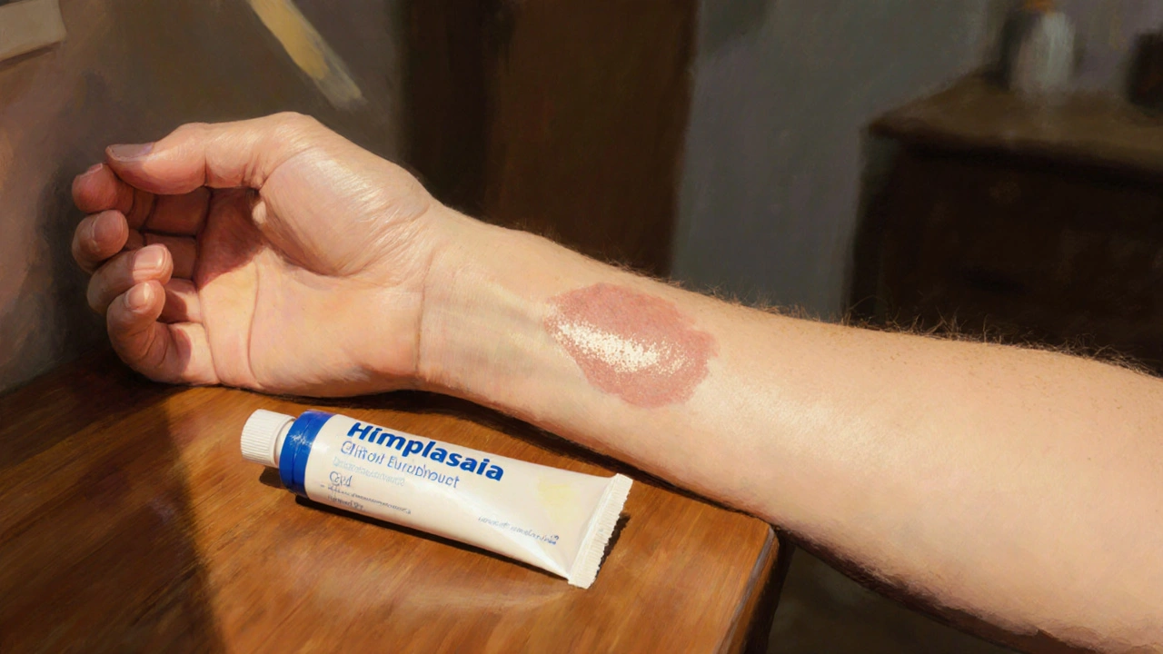 Artistically painted forearm with a flattened scar and a Himplasia gel tube nearby.