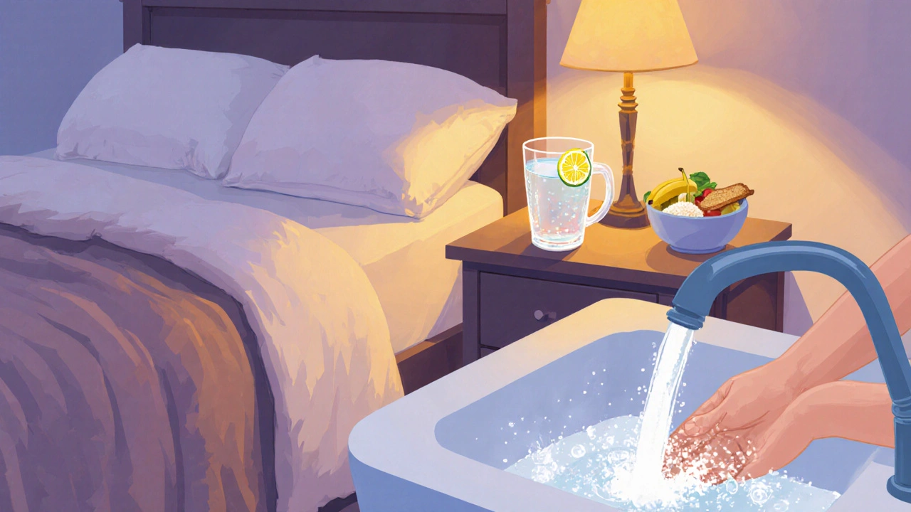 Cozy bedside scene with ORS drink, BRAT foods, and hand‑washing sink.
