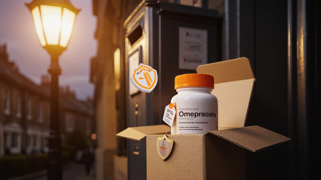 Delivered box on UK doorstep opened to reveal generic omeprazole pill bottle and discount tag.
