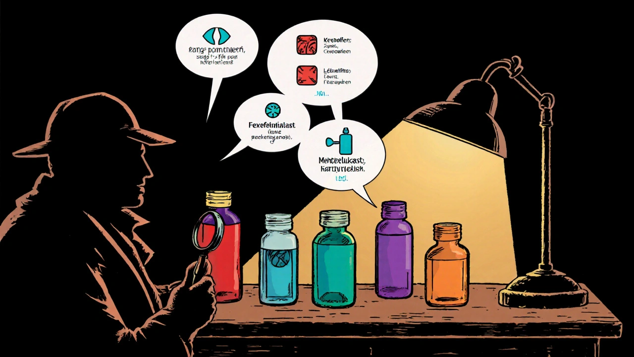 Detective examining a lineup of five allergy medication bottles under a single lamp.