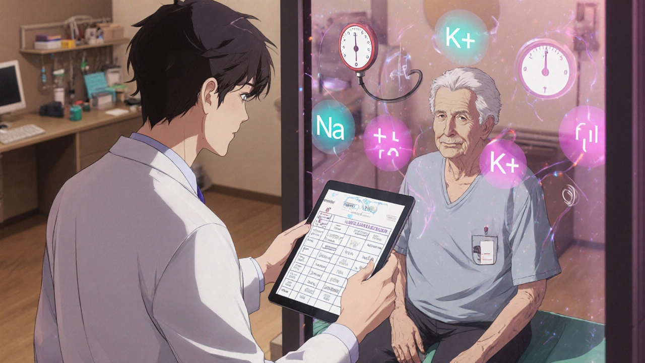 Doctor monitors elderly patient with holographic icons for blood pressure, weight, and electrolytes in a clinic.