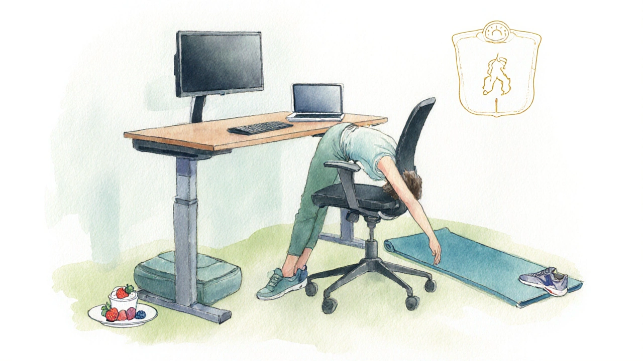 Ergonomic standing desk with stretching person, yoga mat, and healthy food hints.