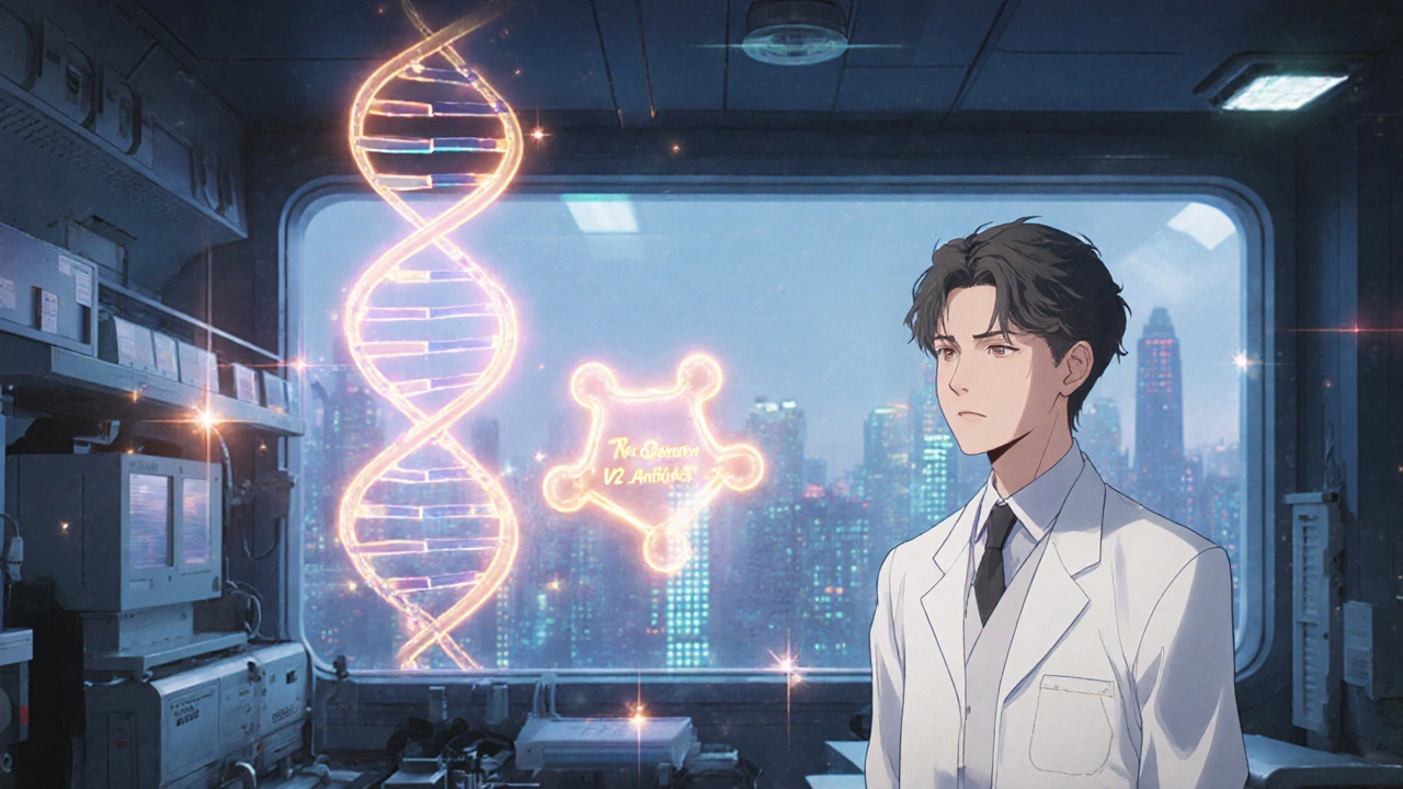 Futuristic lab scene with patient, holographic DNA, and glowing next‑gen drug molecule.
