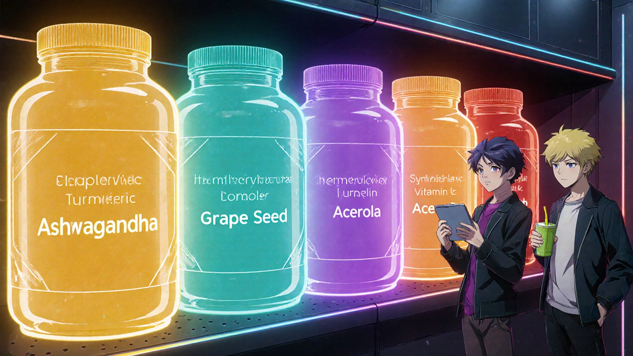 Futuristic supplement shelf with glowing jars for five herbal extracts and two characters comparing them.
