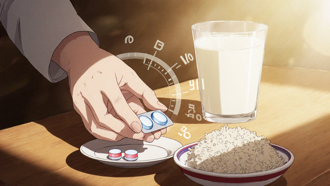 Hand holding two tablets beside a plate of food.