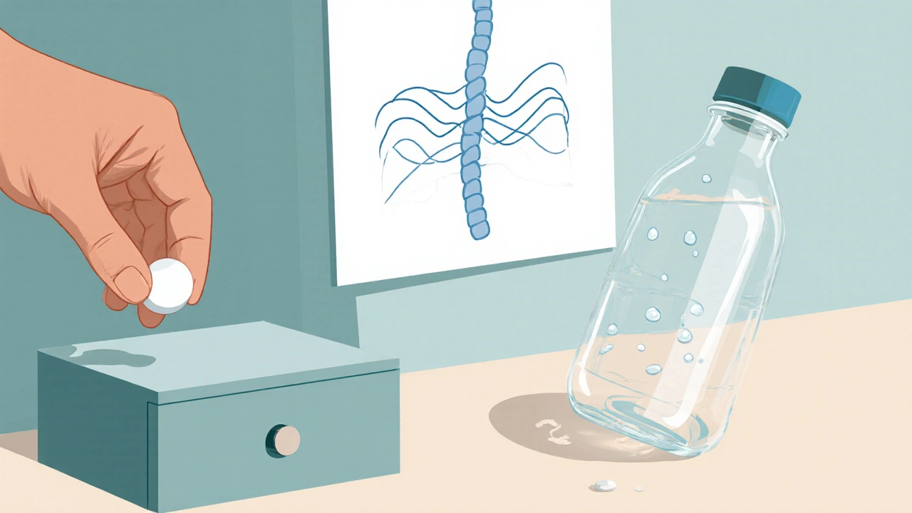 Hands showing chewable antacid, breathing wave, and water sip pause at a desk.