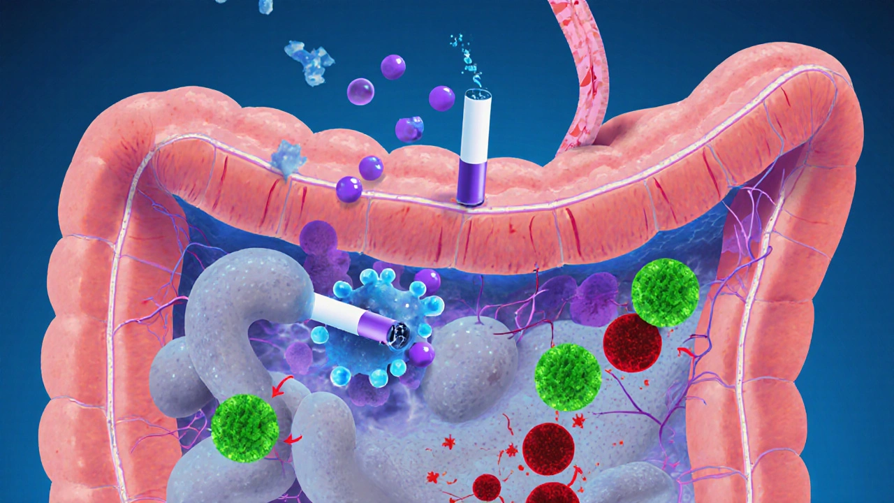 Illustration of nicotine affecting immune cells and disrupting gut bacteria in a colon cross‑section.
