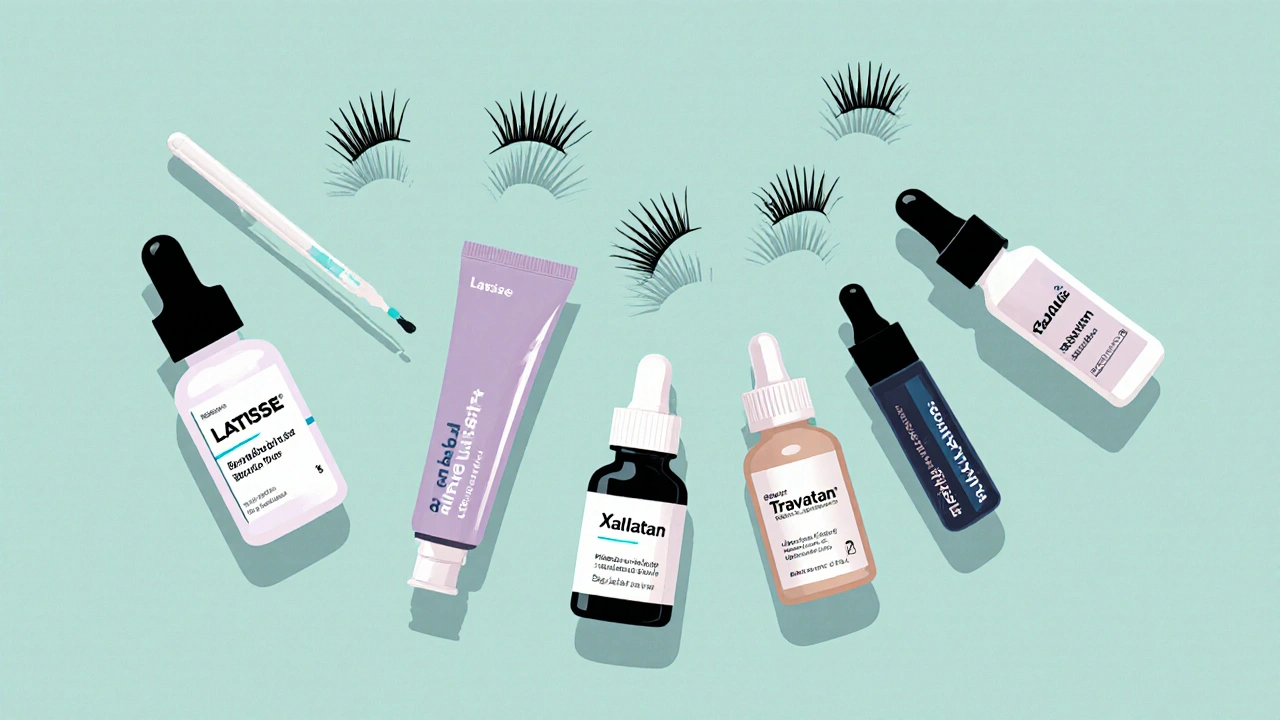 Illustration of various eyelash products with growing lashes around each.