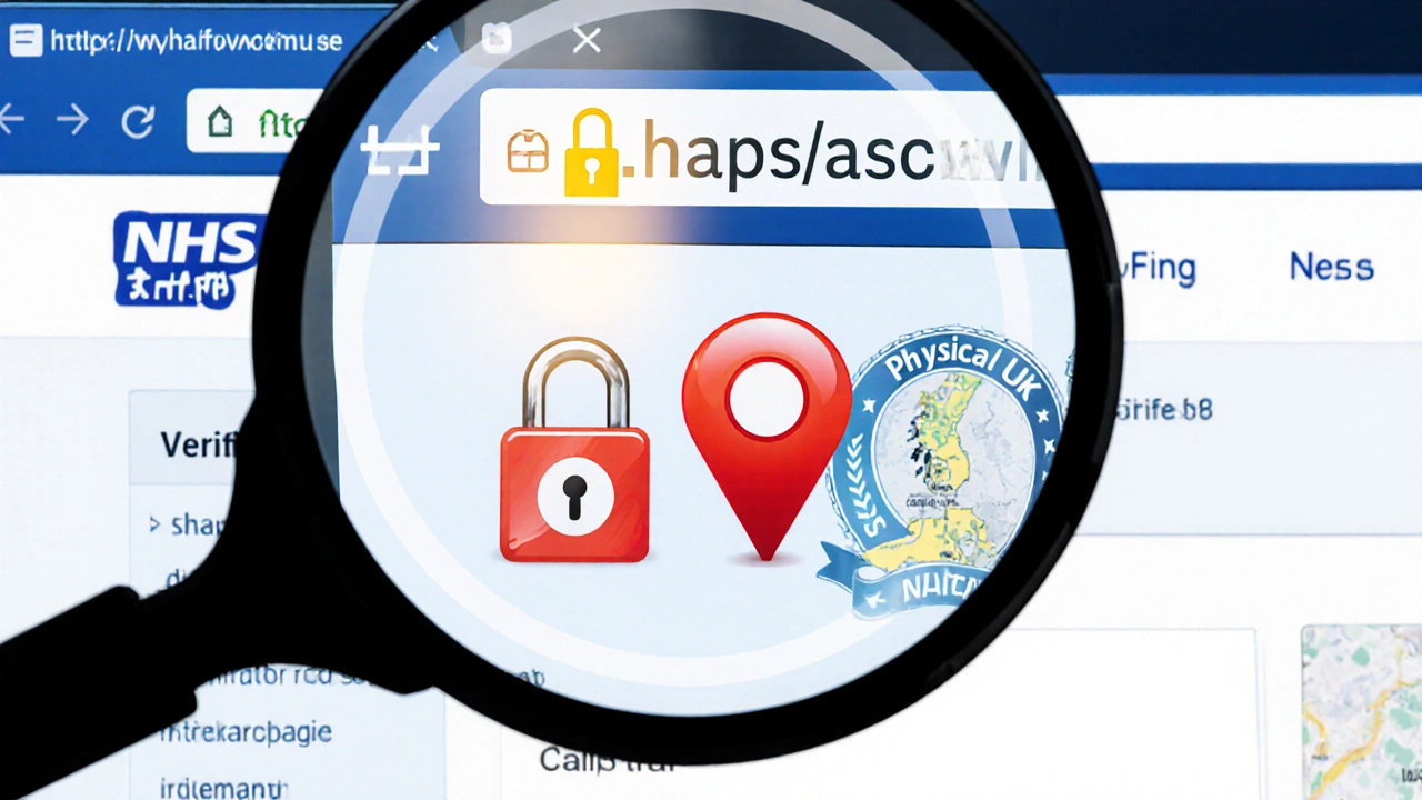 Magnified view of website trust icons: lock, NHS logo, UK address pin, and certification seal.