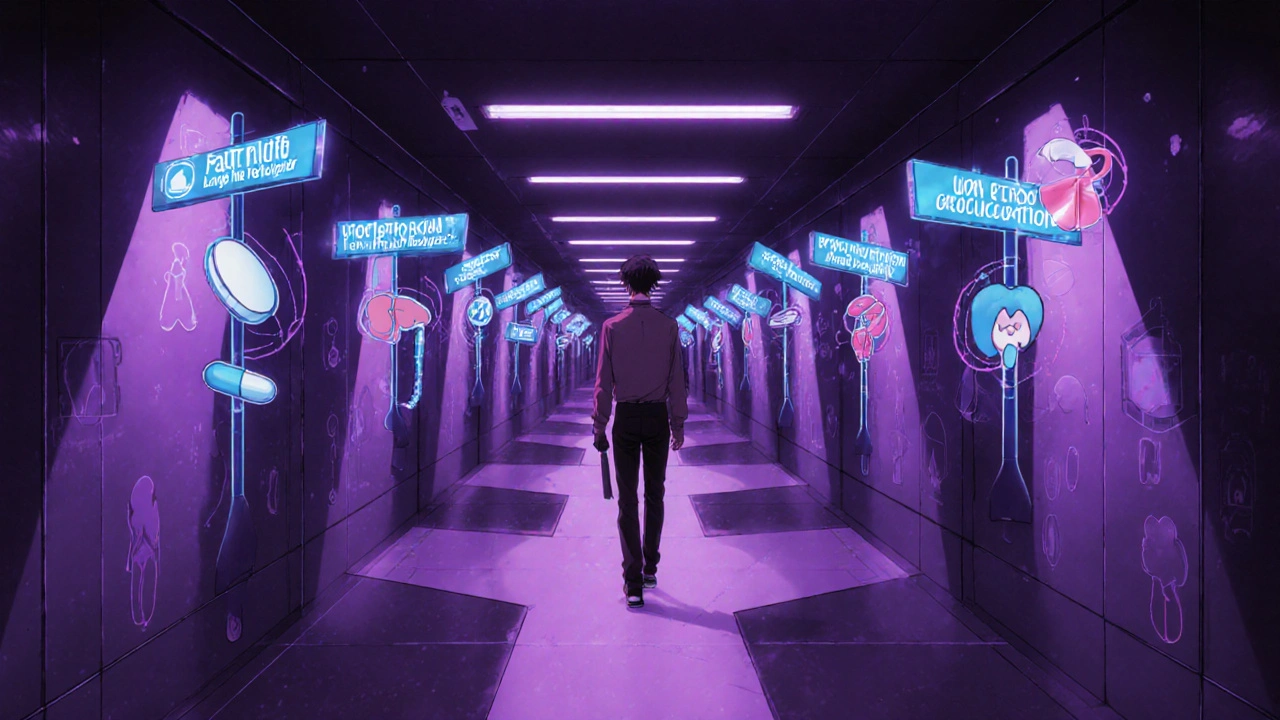 Neon hallway with branching signs guiding a person through medication choices for BPH.