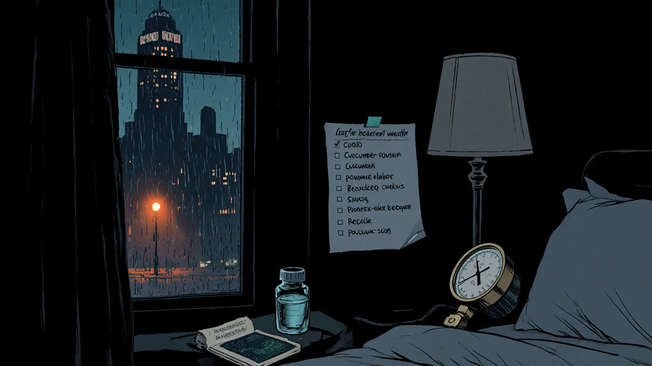 Nighttime bedroom with blood pressure monitor, checklist, and natural remedy items.