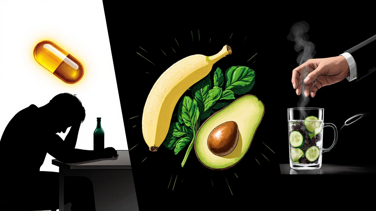 Noir collage of fatigue, potassium foods, hawthorn extract, cucumber water, and corn‑silk tea.
