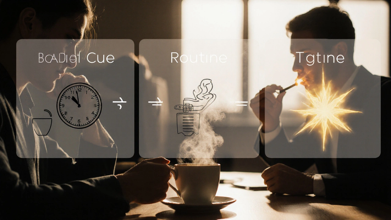 Office coffee break showing cue, routine, and reward loop with a cigarette and coffee cup.