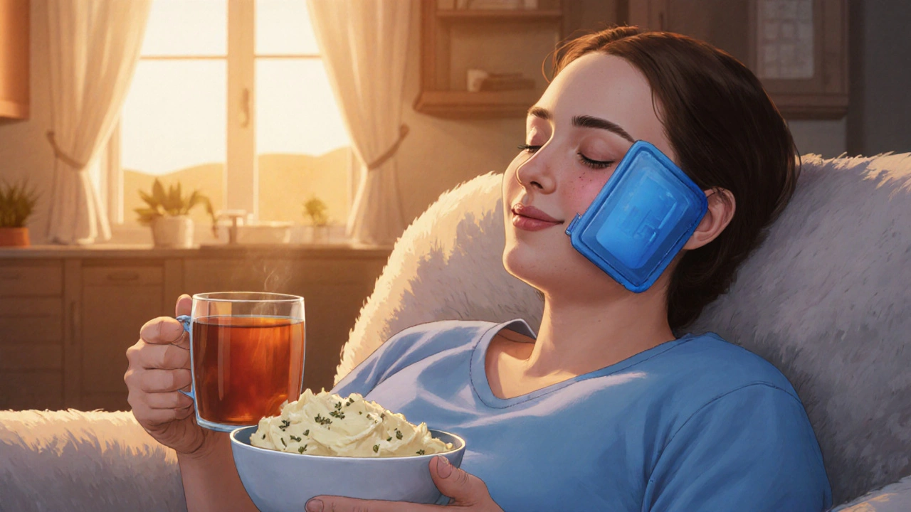 Patient at home with ice pack and soft food after oral surgery, cheek slightly numb.