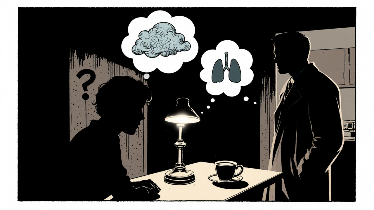Patient at night pondering side effects, pharmacist offering medication choices in noir light.
