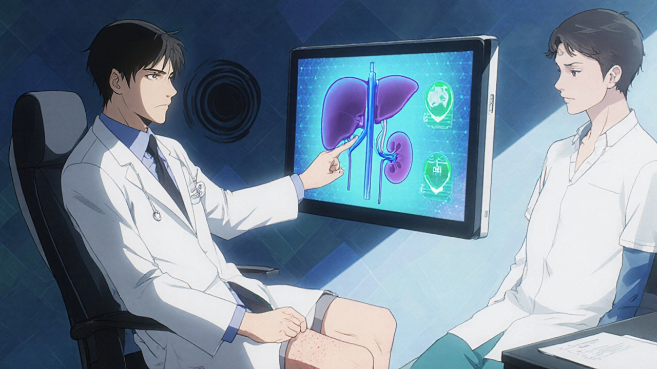 Patient discussing side effects with doctor in a clinic.