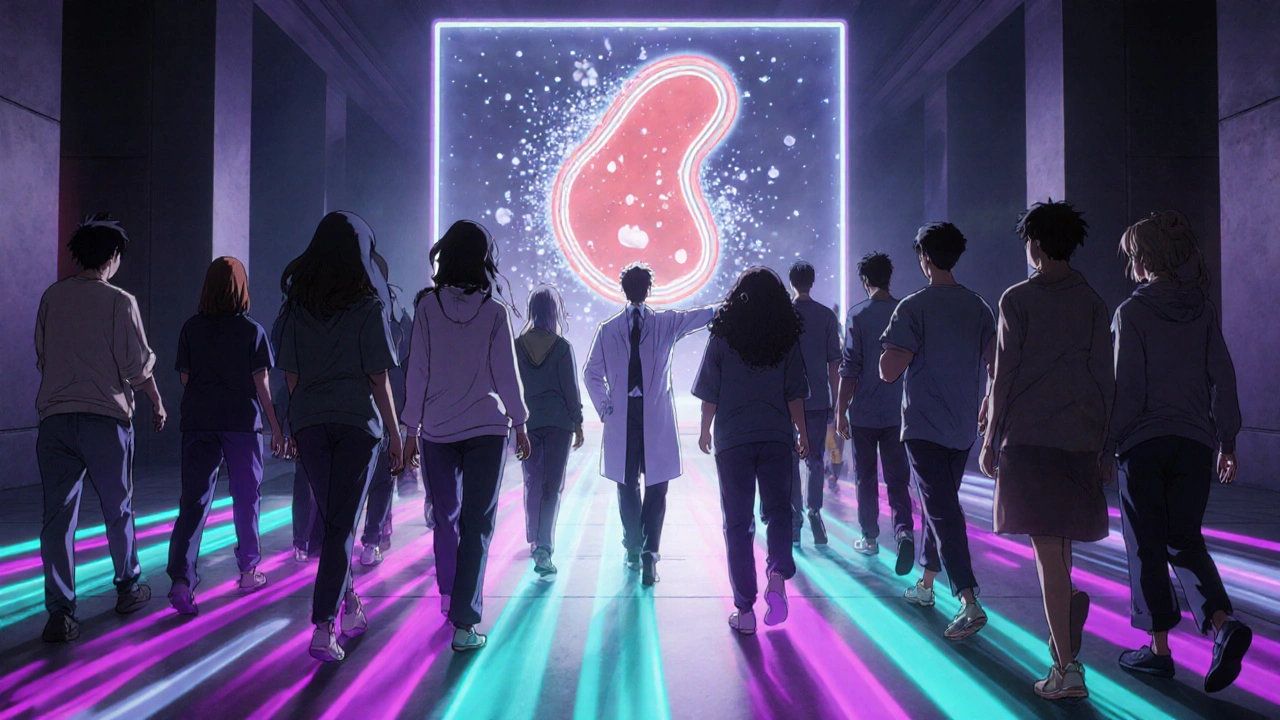 Patients and researcher in trial hallway with holographic plaque dissolving.