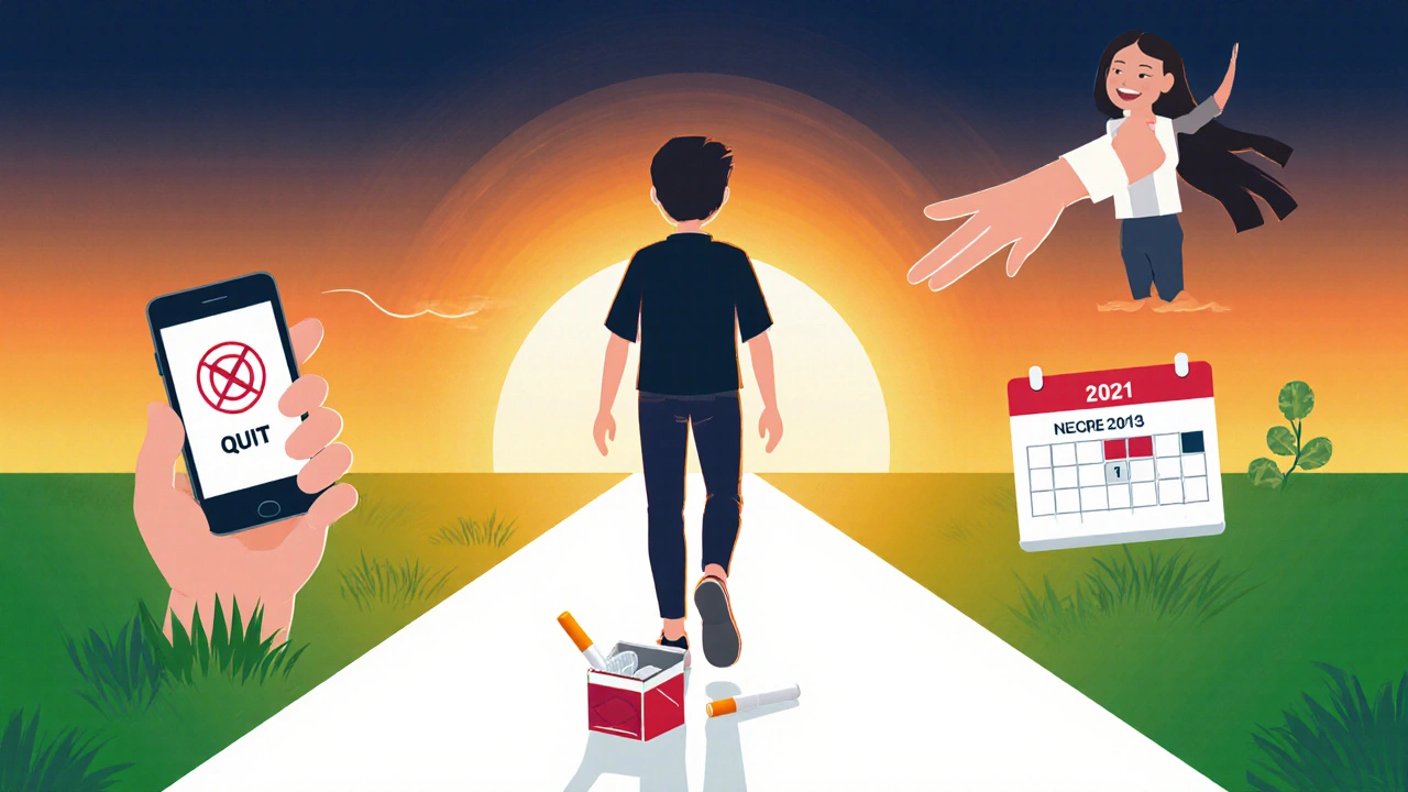 Person leaving cigarettes behind, walking toward sunrise with quit‑app and supportive friends.