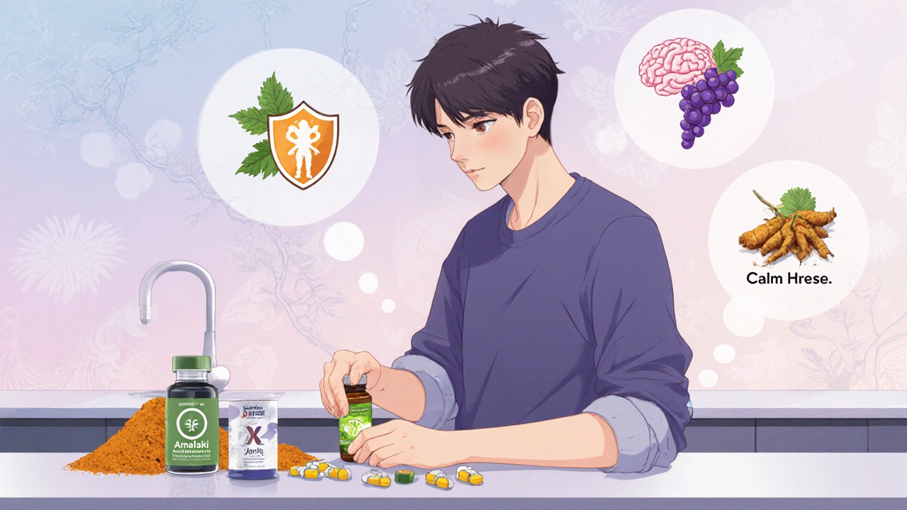 Person selecting supplements with thought bubbles showing health benefit icons in a kitchen.