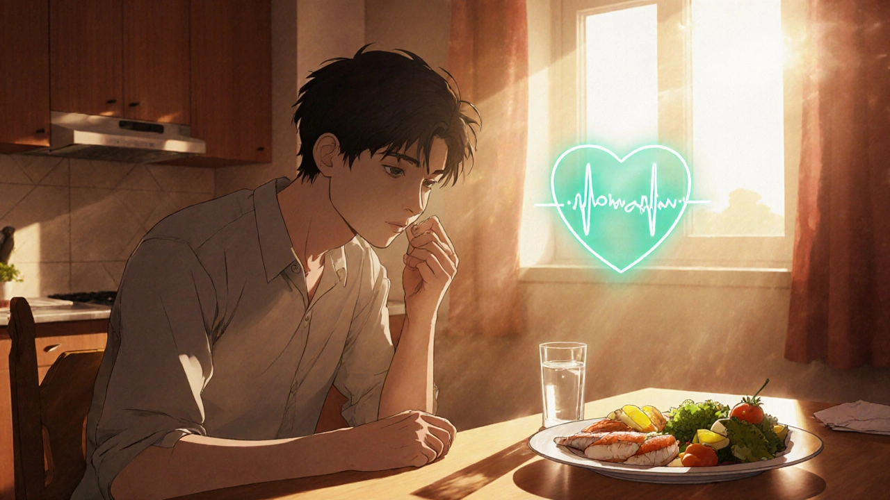 Person taking atorvastatin beside Mediterranean meal, heart aura glowing.