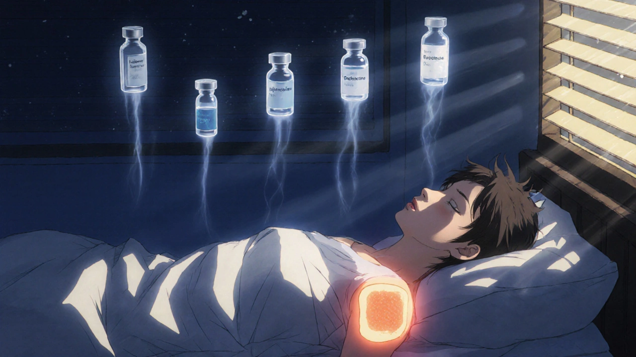 Person with capsaicin patch at night, floating anesthetic vials fading into mist under moonlight.