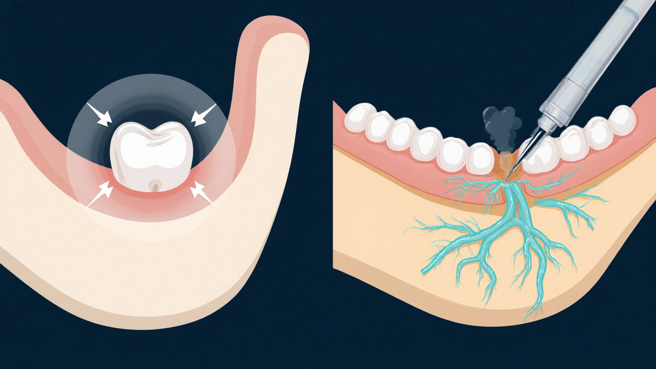 Side‑by‑side illustration of upper‑jaw infiltration and lower‑jaw nerve block.