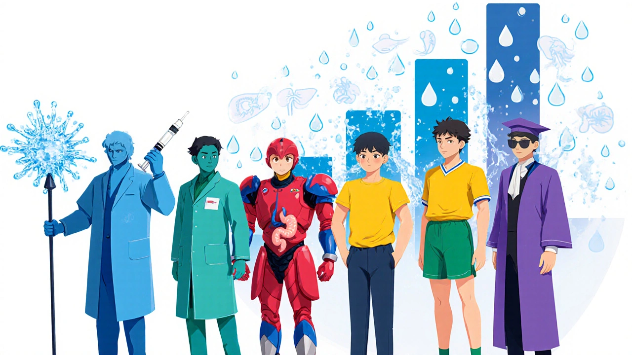 Six anime characters representing ADPKD drugs, each with unique visual cues, in a lineup.