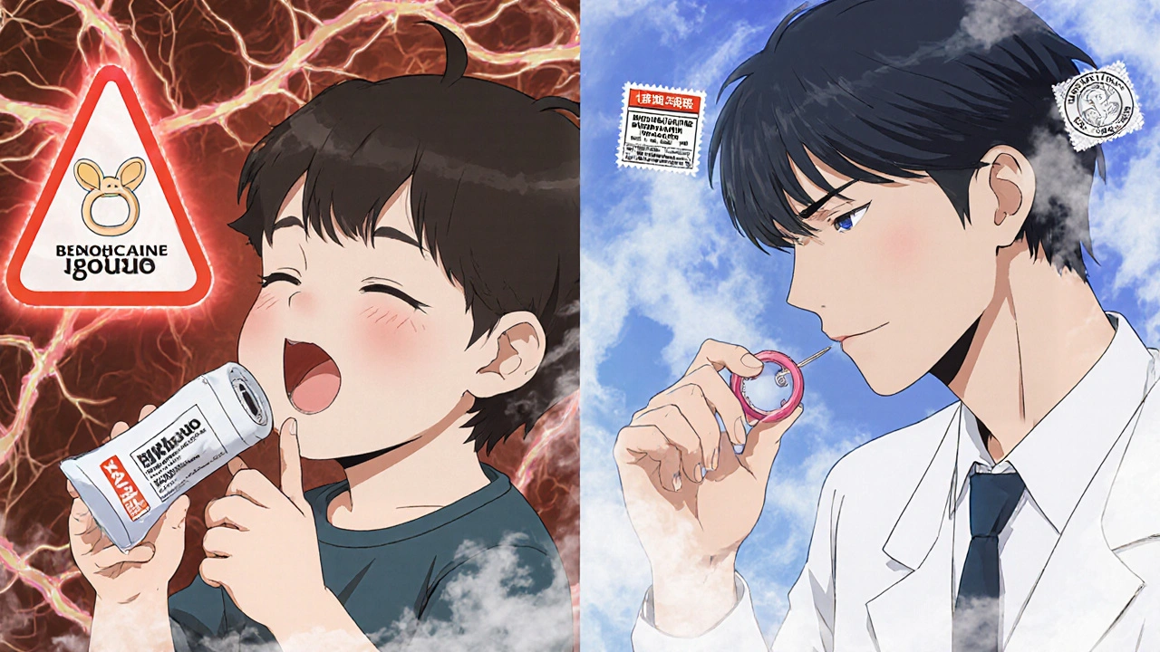 Split scene: child with benzocaine gel and adult receiving EMLA cream, with warning symbols and nerve pathways.