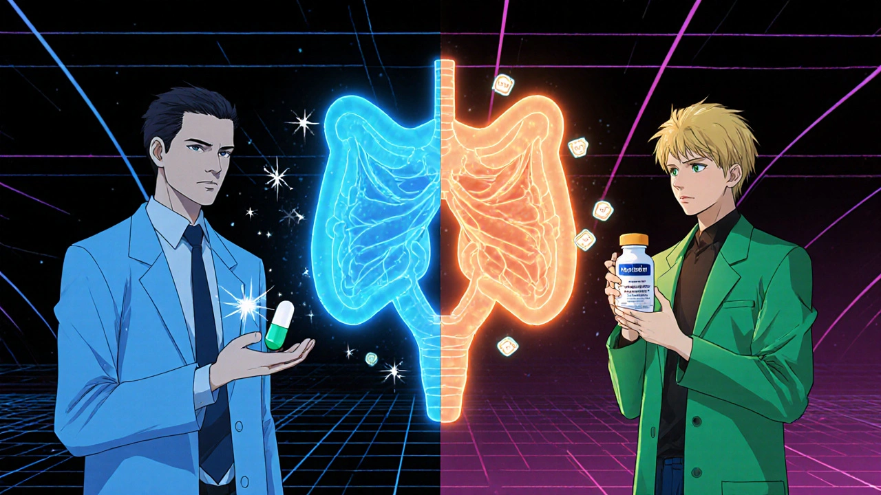 Split scene of two characters: one with Tamsulosin capsule, the other with Dutasteride bottle beside a prostate model.