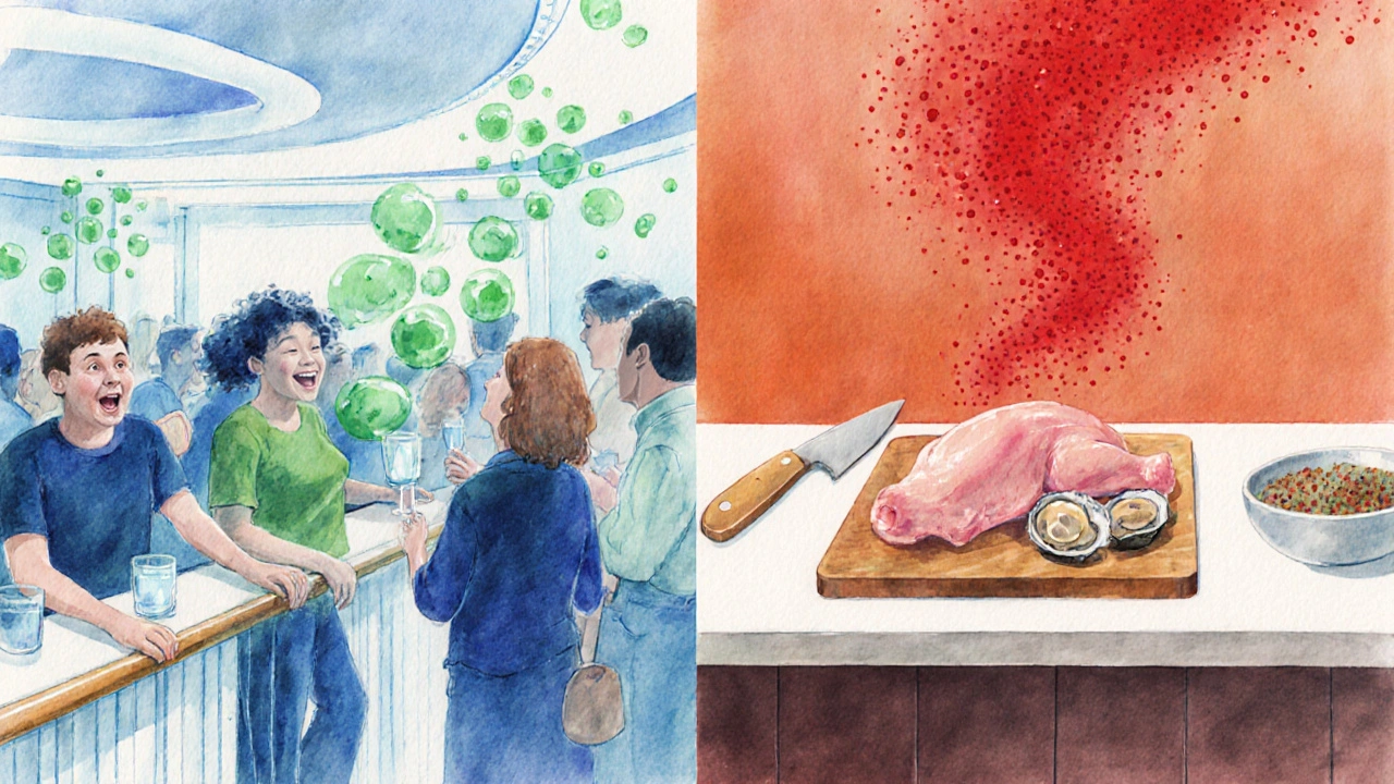 Split watercolor: left shows crowded ship with viral particles, right shows kitchen with raw food and bacterial particles.