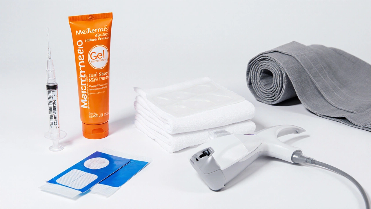 Studio layout of silicone sheet, Mederma tube, ScarAway patches, syringe, laser, and compression garment.