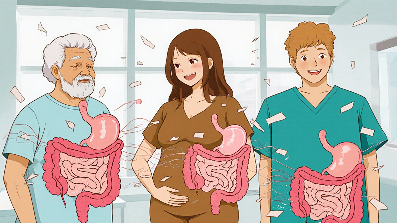 Three patients with animated digestive systems illustrating how metoclopramide speeds up stomach emptying for different conditions.