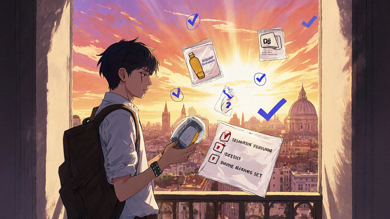 Traveler at a foreign balcony checks off medication travel checklist, wearing ID bracelet.