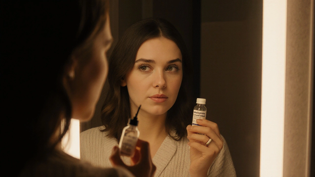 Woman looking at mirror, comparing lashes after using Latisse and minoxidil.