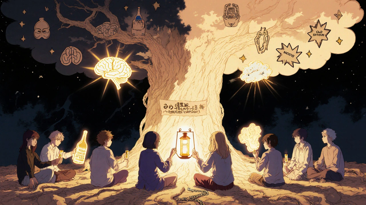 A circle of people pass a glowing lantern under a tree with roots shaped like brains and bottles, symbolizing integrated recovery.