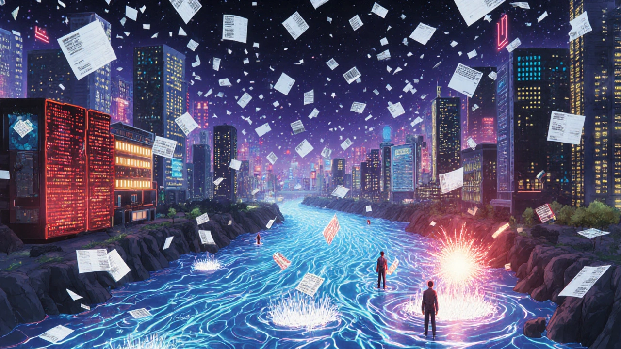 A digital cityscape of patient data with AI algorithms scanning for safety signals amid floating medical labels.