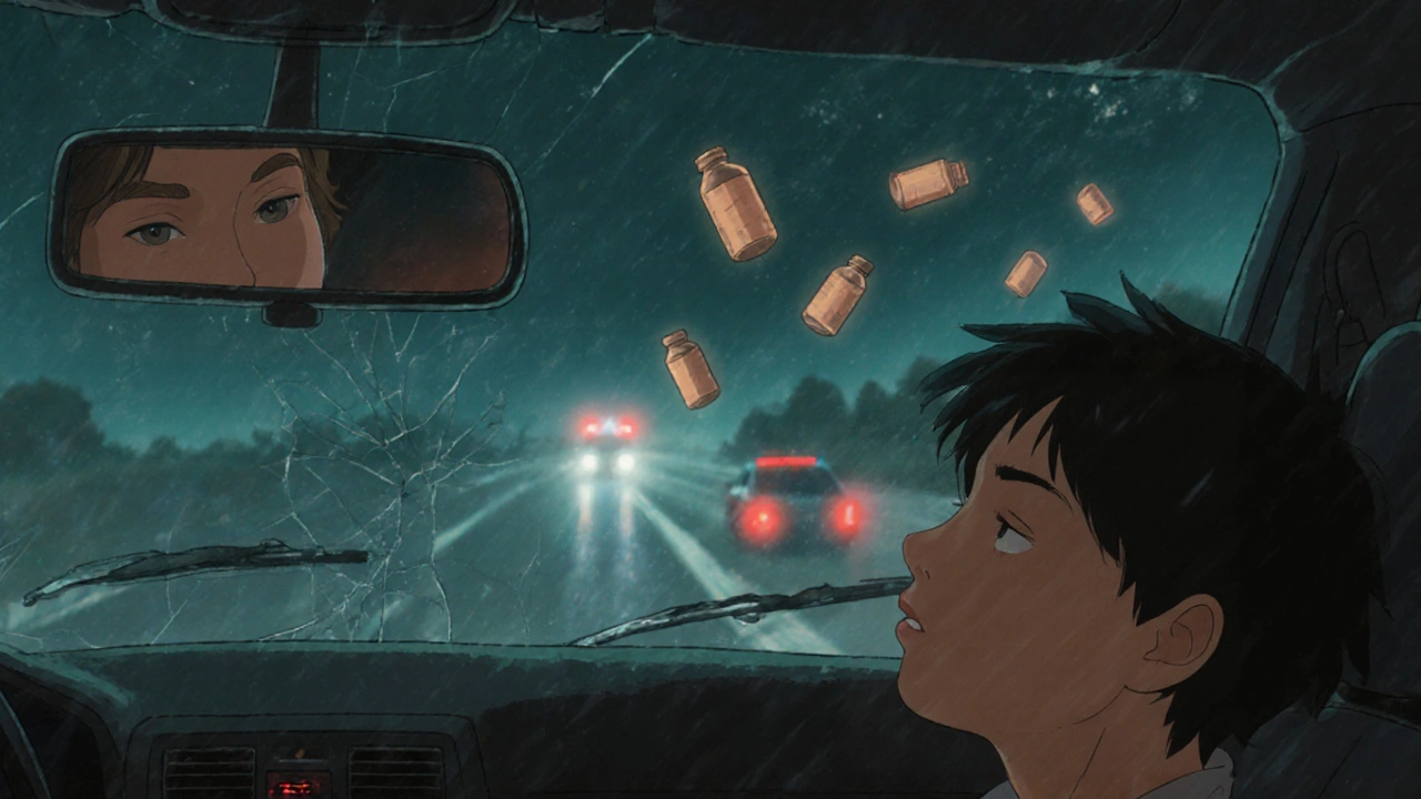 A driver asleep at the wheel, surrounded by floating pills, under neon rain and ambulance lights.