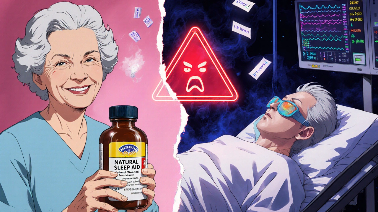 A fractured scene of a woman smiling with melatonin on one side, and collapsed in a hospital on the other.