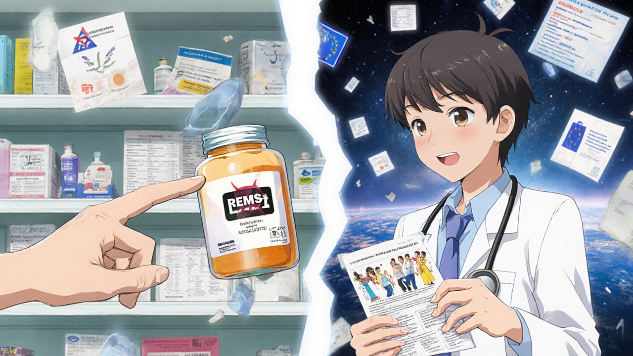 A patient caught between U.S. and EU medical systems, with contrasting pharmacy and clinic scenes surrounding them.