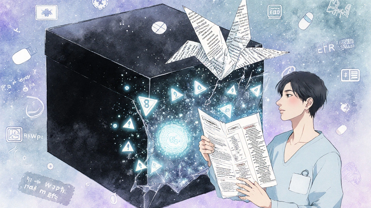 A patient holding a Medication Guide that becomes an origami crane made of warning text, as a cracking black box releases glowing symbols.