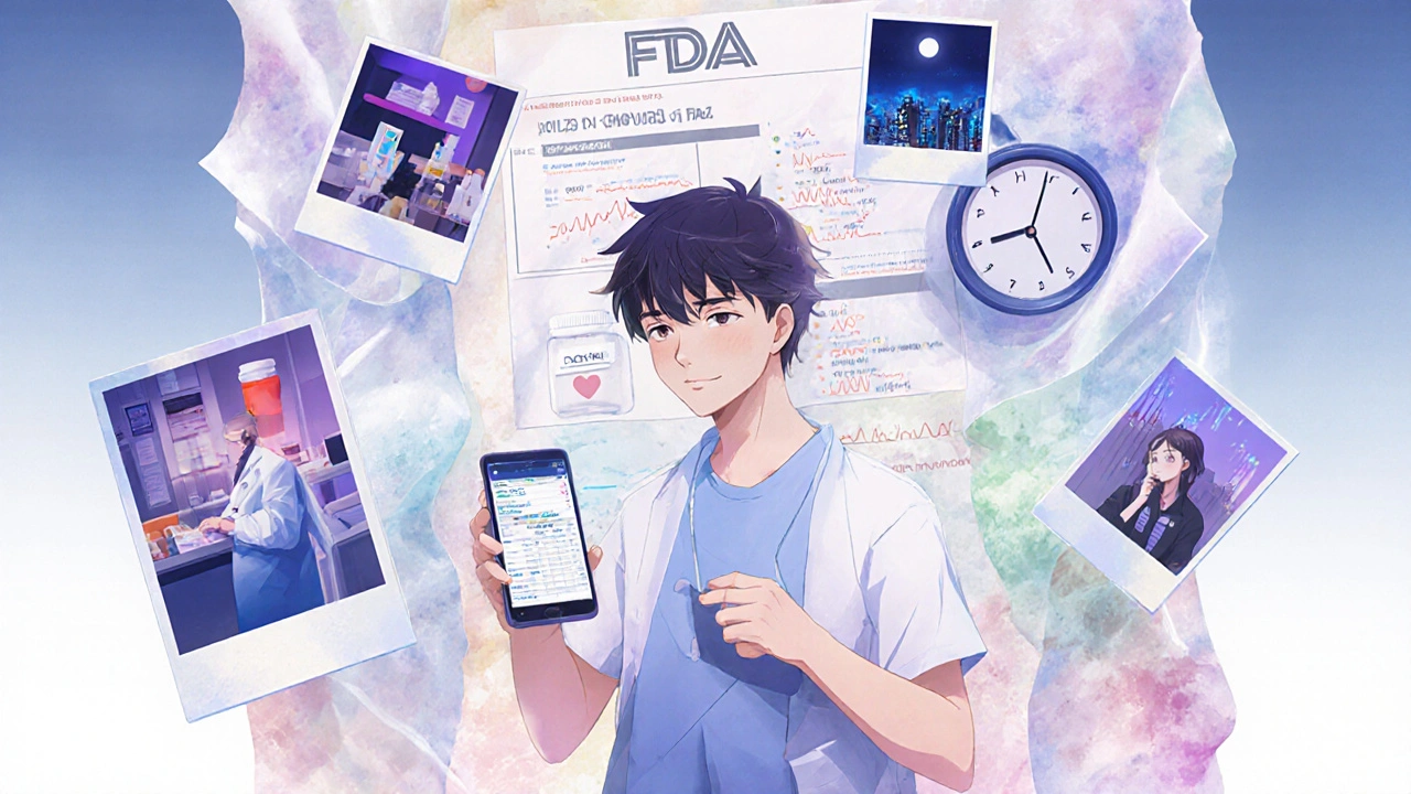 A person tracking symptoms on a phone, with translucent memories and real-world health data swirling around them.