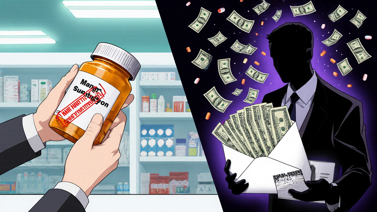 A pharmacist swaps a brand-name pill for a generic while a PBM executive counts hidden profits.