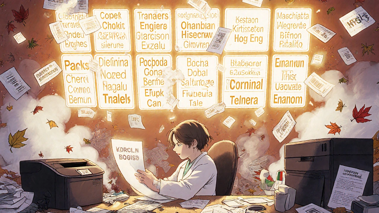 A technician overwhelmed by 24 floating translated drug labels, with steam and paperwork swirling around them.