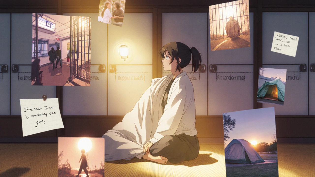 A therapist and patient sit together under lantern light as fragmented memories of trauma dissolve into calm moments of connection.